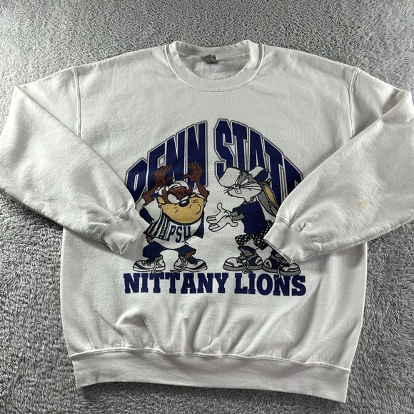 Penn State Crewneck Sweater Mens Large White Nittany Lions Looney Tunes Taz Bugz - Picture 1 of 9